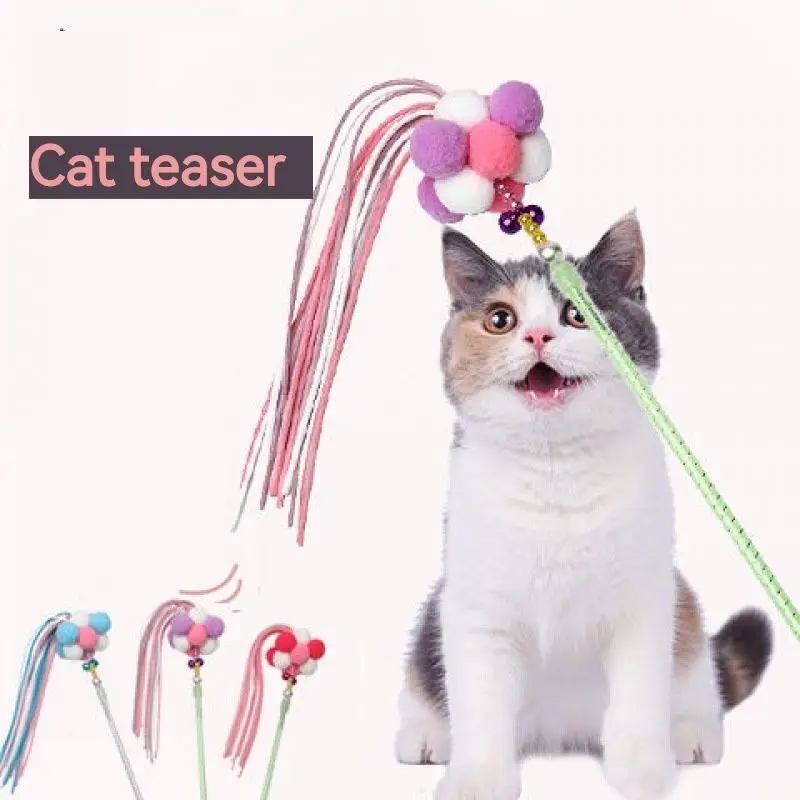 Komik Kedi Sopa Kedi İnteraktif Oyuncak Kedi Teaser Değnek Boncuklu Dekor Oyuncak Kedi Püskül Değnek Ponpon ve Çan ile Pet Malzemeleri Gatos