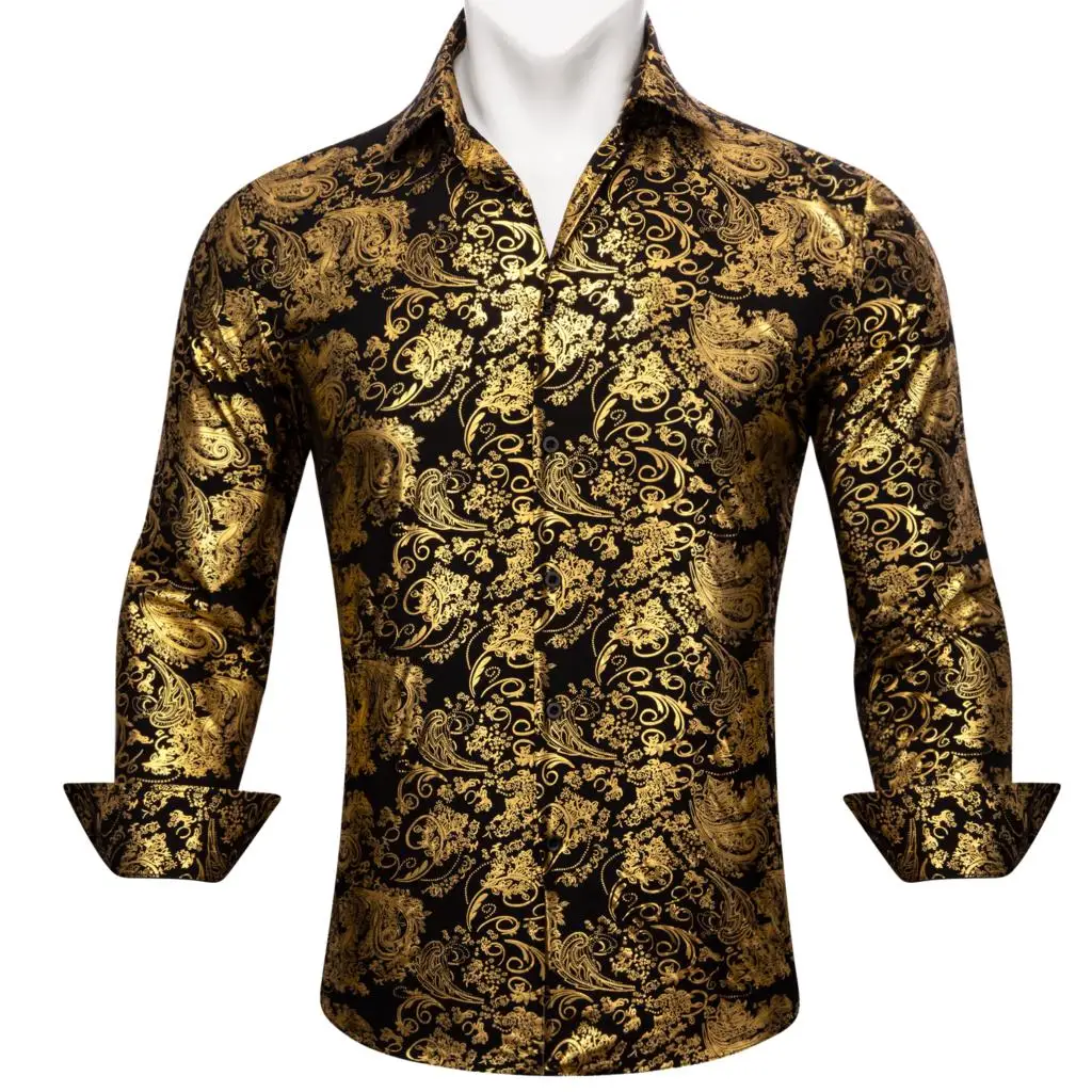 Lüks İpek Gömlek Erkekler için Uzun Kollu Altın Siyah Çiçek İşlemeli Slim Fit Erkek Bluz Casual Yaka Düzenli Üstleri Barry Wang