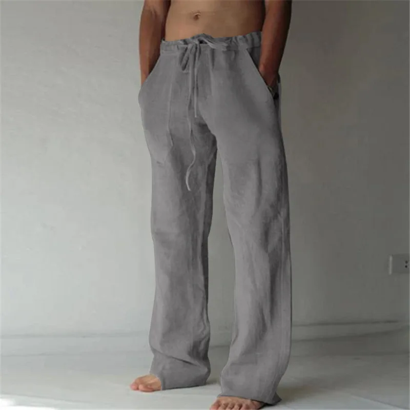 Gündelik erkek pantolonları Günlük Giyim Katı Yaz Tam Boy Yumuşak Keten Pantolon Orta Bel Cep İpli Pantolon Streetwear Dipleri
