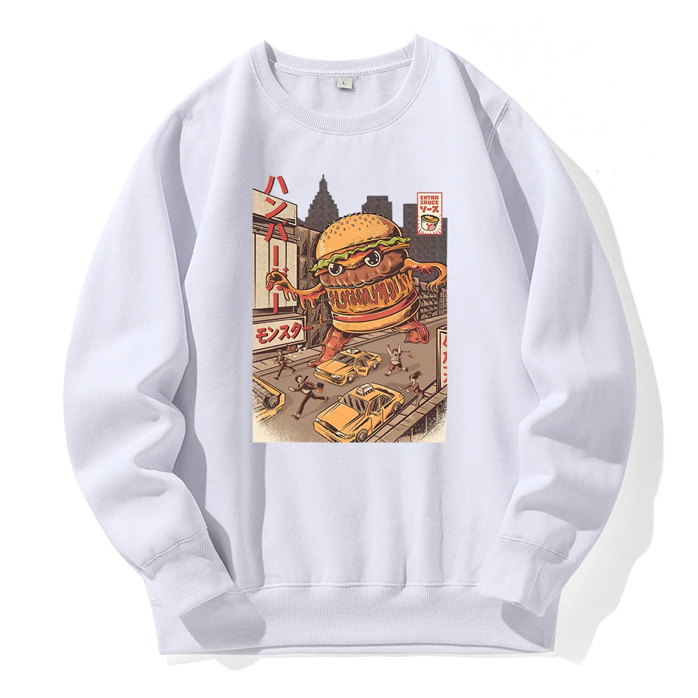 Ukiyo E Japonya Tarzı Burgerzilla Eşofman Baskı Hoodie Erkekler Polar Sıcak Hoodies Gevşek Rahat Pulloverstreet Gelgit Tişörtü