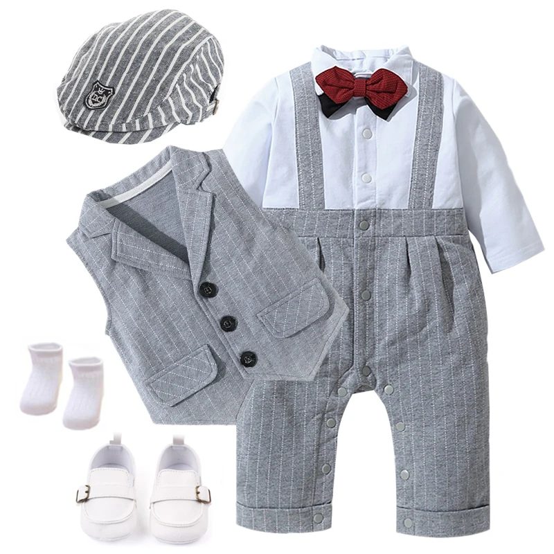 Yenidoğan Erkek Elbise Bebek Giysileri Çocuklar için Pamuk Takım Elbise Şapka + Yelek + Patchwork Romper + Ayakkabı + Çorap 6 Adet Kıyafet