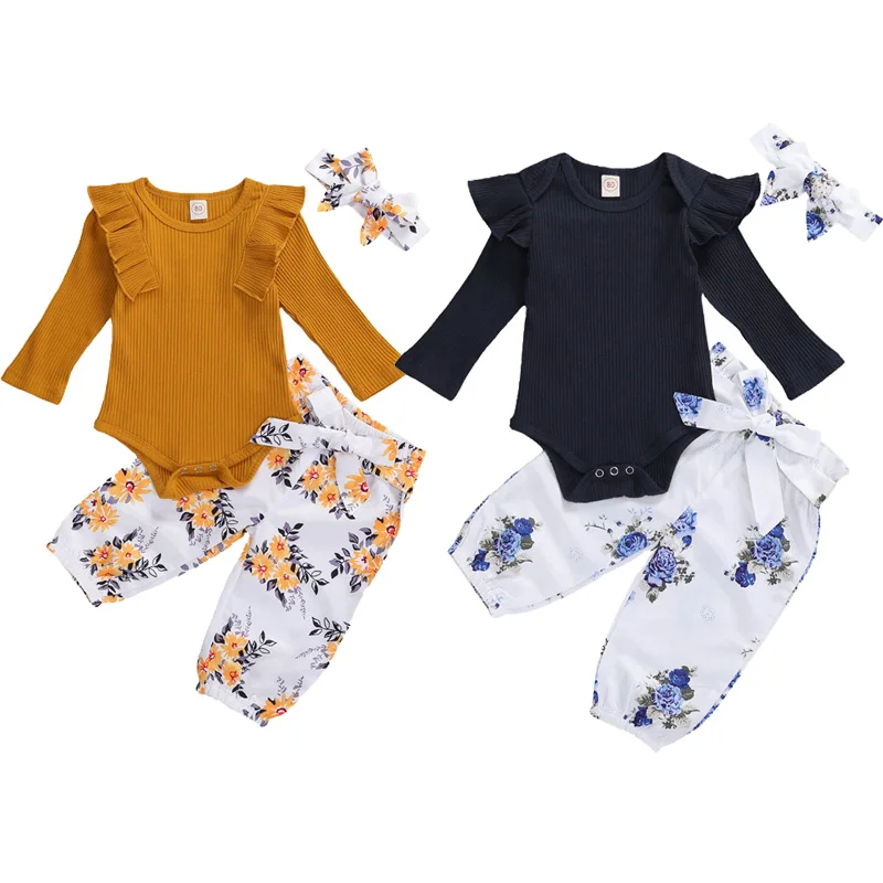Bebek Kız Giysileri Toddler Uzun Kollu Katı Üstleri Fırfır Çiçek Baskı Pantolon Kafa Bandı Bahar Çocuk Kız Yenidoğan Seti