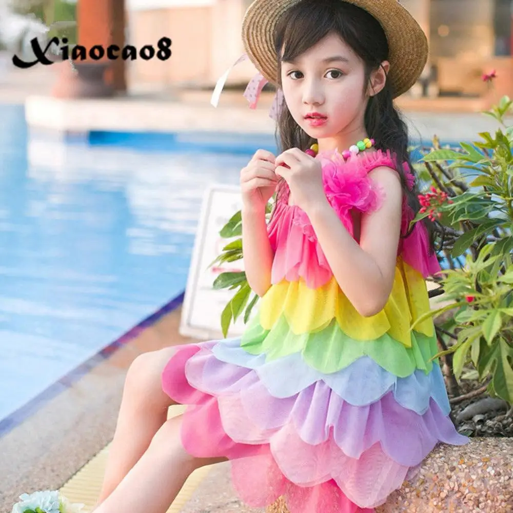 Toddler Kız yaz elbisesi Çocuklar Kolsuz Plaj Elbiseleri Kızlar için Sevimli Gökkuşağı Katmanlı Parti Elbise çocuk Giyim 8 10 6