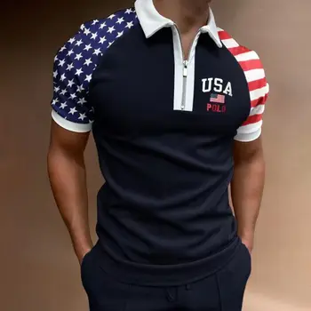 Erkek gömleği Fermuar 3d giyim üst Polo yıldız Amerikan Bayrağı yaka 3d baskılı erkek yaz golf giyim Sokak günlük kısa kollu