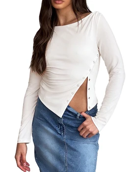 Kadınlar Casual Katı Temel Üst Uzun Kollu Kapalı Omuz Hollow Out Sıkı Mahsul Gömlek Peri Grunge Sonbahar Y2K Streetwear