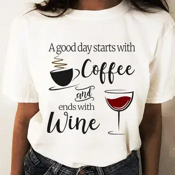 Kahve Şarap Aşk Eğilim Grafik T Üst Baskı T-shirt Moda Kadın Karikatür Gömlek Şık Kısa Kollu Düzenli dişi t parça T-Shirt