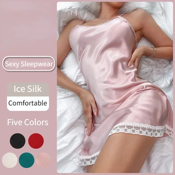 Seksi Pijama Kadın Yaz Dantel askı elbise Kısa Gecelik Katı Buz İpek Saten Gecelik Kadın İç Çamaşırı Askı Pijama