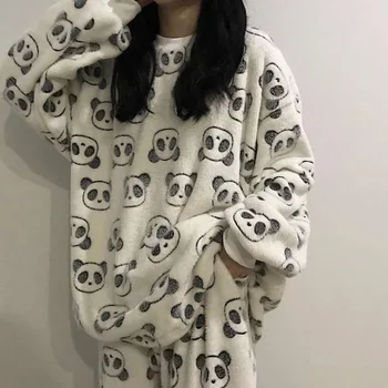 Sevimli Panda Pazen Kadın Pijama Setleri Sonbahar Kış Sıcak Kalın Mercan Kadife Uzun Kollu Karikatür Pijama Ev Pijama Seti