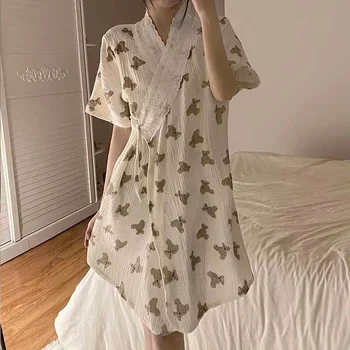Yaz Bornoz Kadın Kısa Kollu Elbise Kimono Japon Bahar Pijama Ev Sabahlık Kalp Uyku Gecelik Kadın Elbise